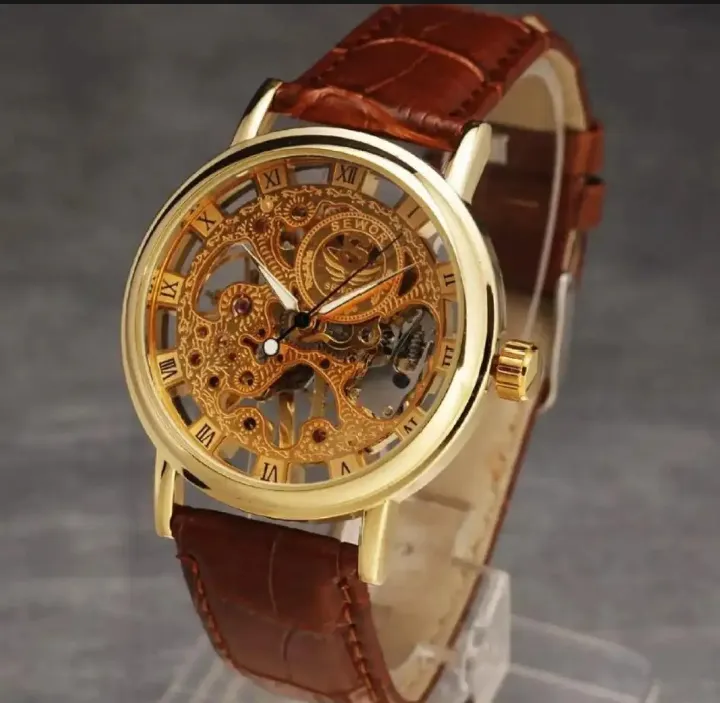 Skeleton watches Copper Brown Skeleton Watch for Men – Stylish Automatic Look Leather Strap Watch