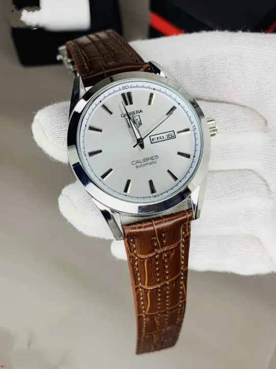 tag heuer watch TAG Heuer Carrera Calibre Watch for Men – Elegant Day Date Brass Case Leather Strap