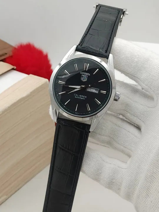 tag heuer watches TAG Heuer Carrera Calibre Watch for Men – Elegant Day Date Brass Case Leather Strap