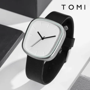 tomi watches TOMI Minimalist Square Watch – Unisex Black & White Fashion Quartz Wristwatch
