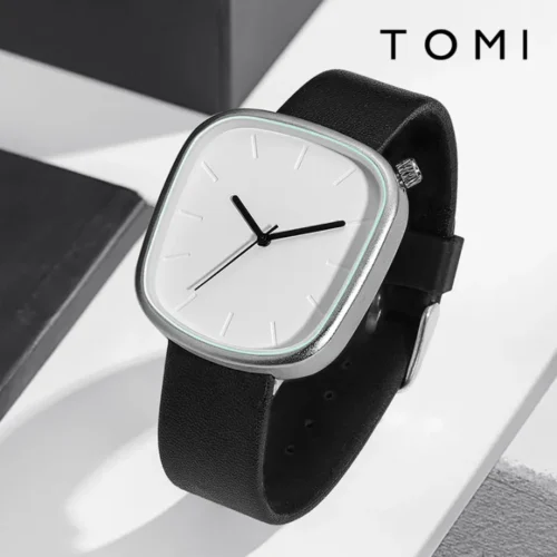 TOMI Minimalist Square Watch – Unisex Black & White Fashion Quartz Wristwatch