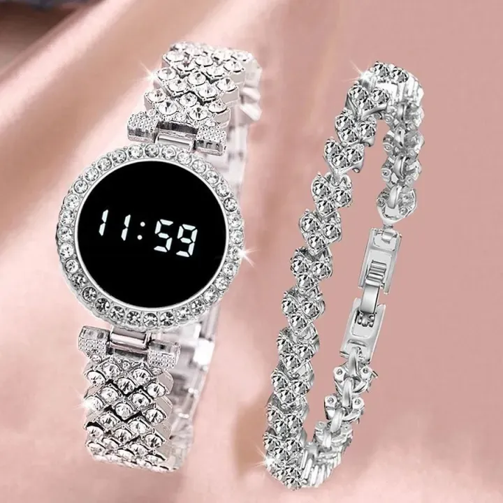 women watches Diamond Touch Screen LED Ladies Watch – Silver Stainless Steel Bracelet Digital Fashion Watch